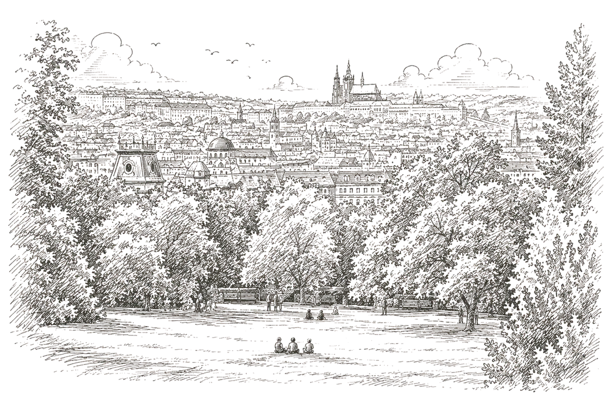 Ilustrácia Riegrových sadov s výhľadom na Pražský hrad